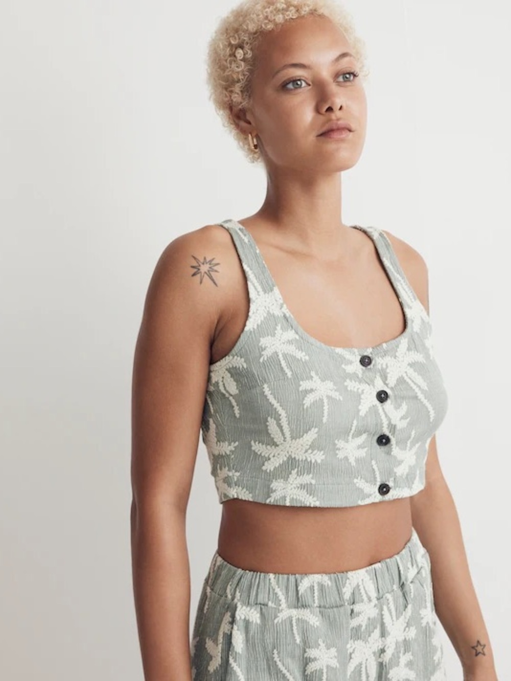 Madewell Jacquard Square-Neck Button-Front Crop Tank